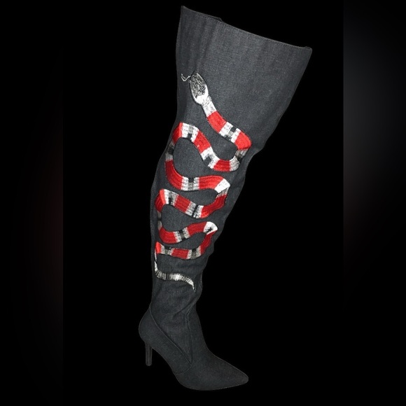 CAPE ROBBIN BLACK DENIM SNAKE THIGH-HIGH BOOTS! - Picture 3 of 15